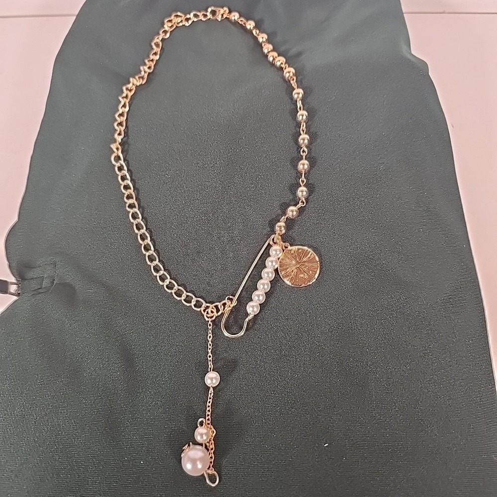 Gold Tone Faux Pearls Coin‎ Charm Safety Pin Necklace